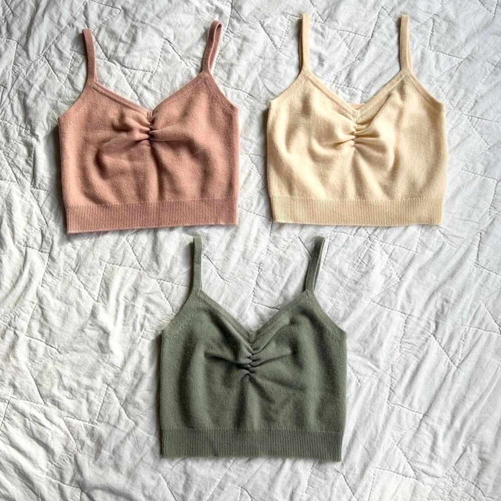 Knit Ruched V-Neck Crop Camisole Tank Top -  Olive